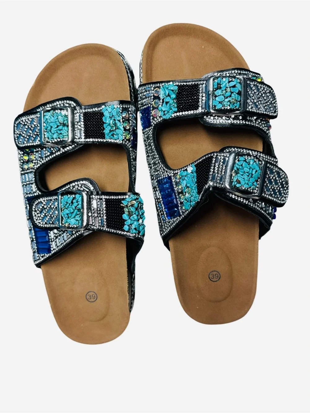 Women's Bohemian Beaded Rhinestone Double Buckle Platform Slide Sandals